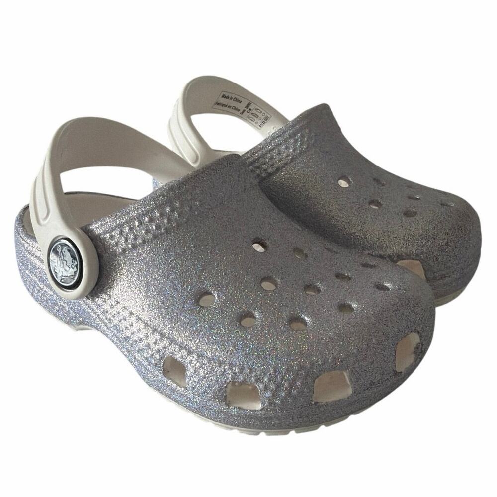 Silver glitter crocs size C6 baby crocs Christmas slides holiday
